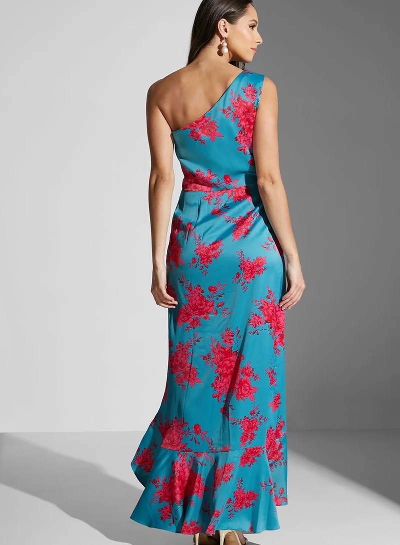 Chi-Chi London One Shoulder Printed Ruffle Detail Dress