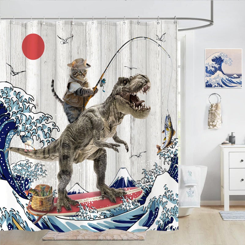 FOWOCU 84 بوصة إضافية طويلة مضحكة CAT DINOSAUR SARTAIN FUN HITTEN HINGEN THE OCSE OCEAN WAVE MAYP STROUNATES FABRAIN SERTAINS FOR BATHER REATIC WOOD FARMHOUSE BATH (72 '؟ 84' ') - Image 4