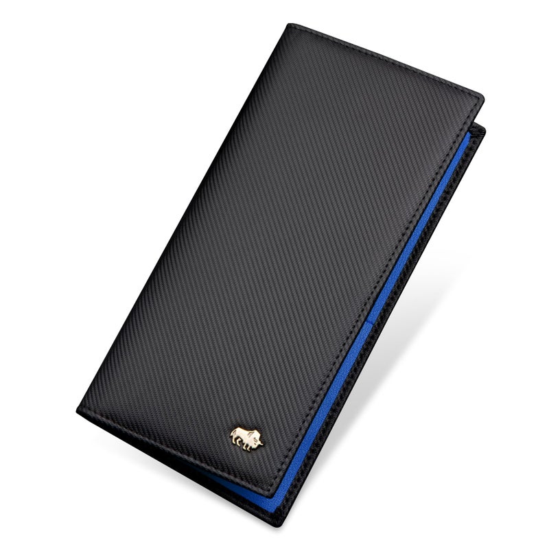 BISON DENIM RFID Bifold Wallets Slim Credit Card Wallet Real Leather Mens Long Wallet with Zipper Coin Pocket (W4470-Blue) - Image 1