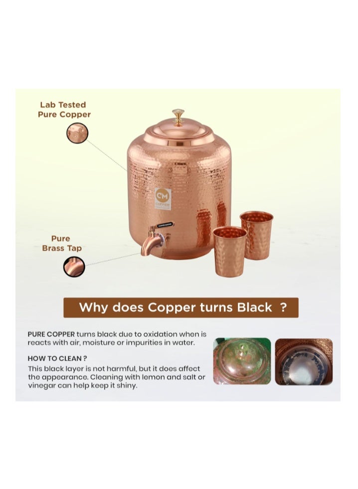 Copper-Master موزع مياه نحاسي مطروق من النحاس النقي سعة 8 لترات من كوبر ماستر (ماتكا) مع كوبين نحاسيين | طقم أدوات شرب أيورفيدية للمنزل والمكتب (8000 مل + 600 مل) - Image 4