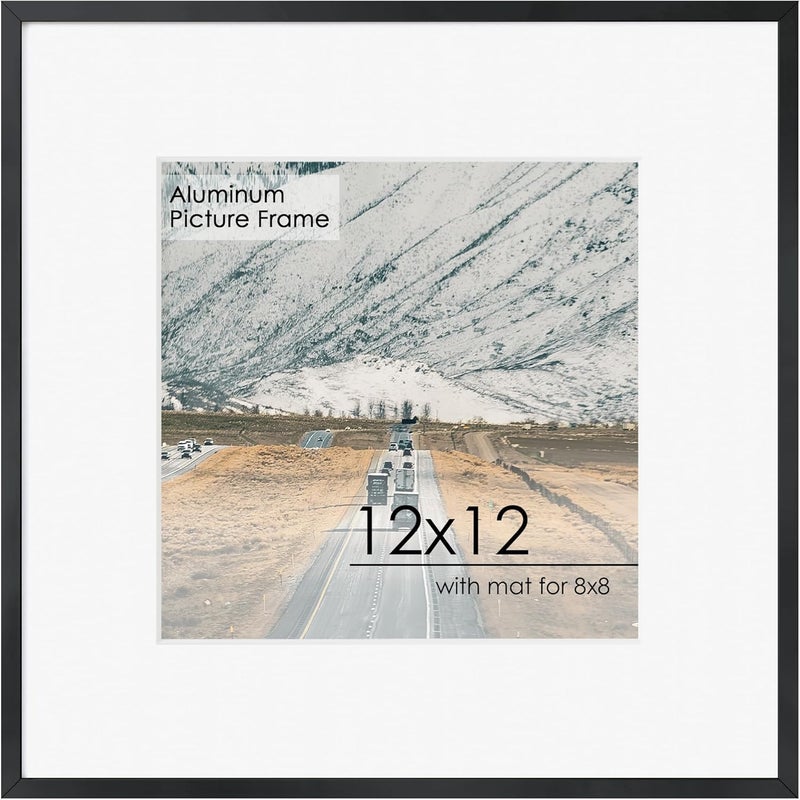 FLYJOE 12x12 Frame - Metal Square Picture Frame With Plexiglass 12x12 Frame With Mat for 8x8 Minimalist Modern Poster Frame Horizontal & Vertical formats Hanging Hardware Included, Black - Image 1