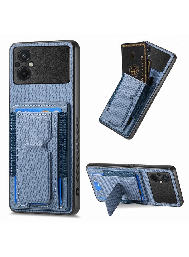 Green Tiger For Xiaomi Poco M5 4G Carbon Fiber Fold Stand Elastic Card Bag Phone Case(Blue)