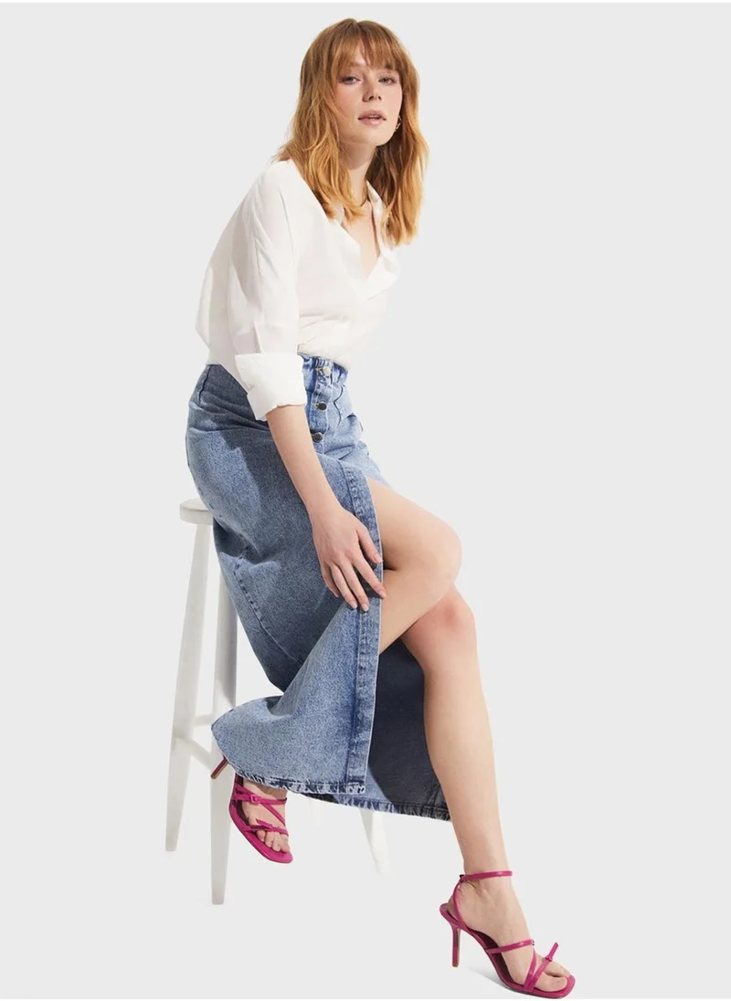 JUNE Button Detail Denim Skirt