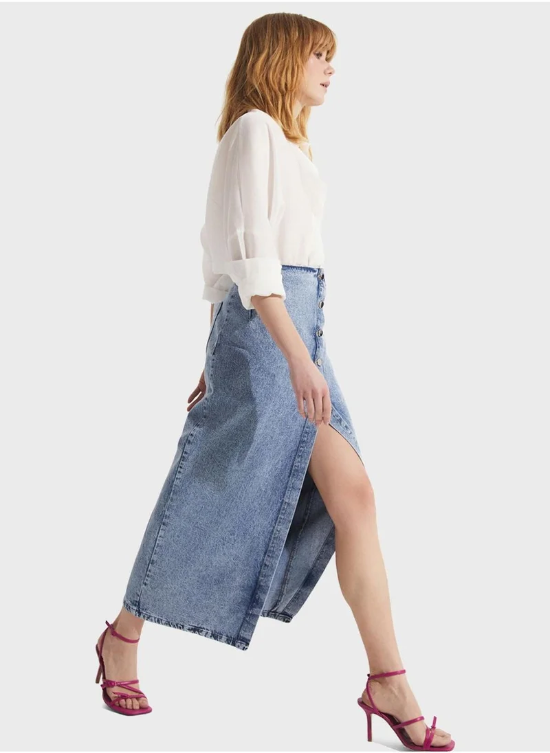 JUNE Button Detail Denim Skirt