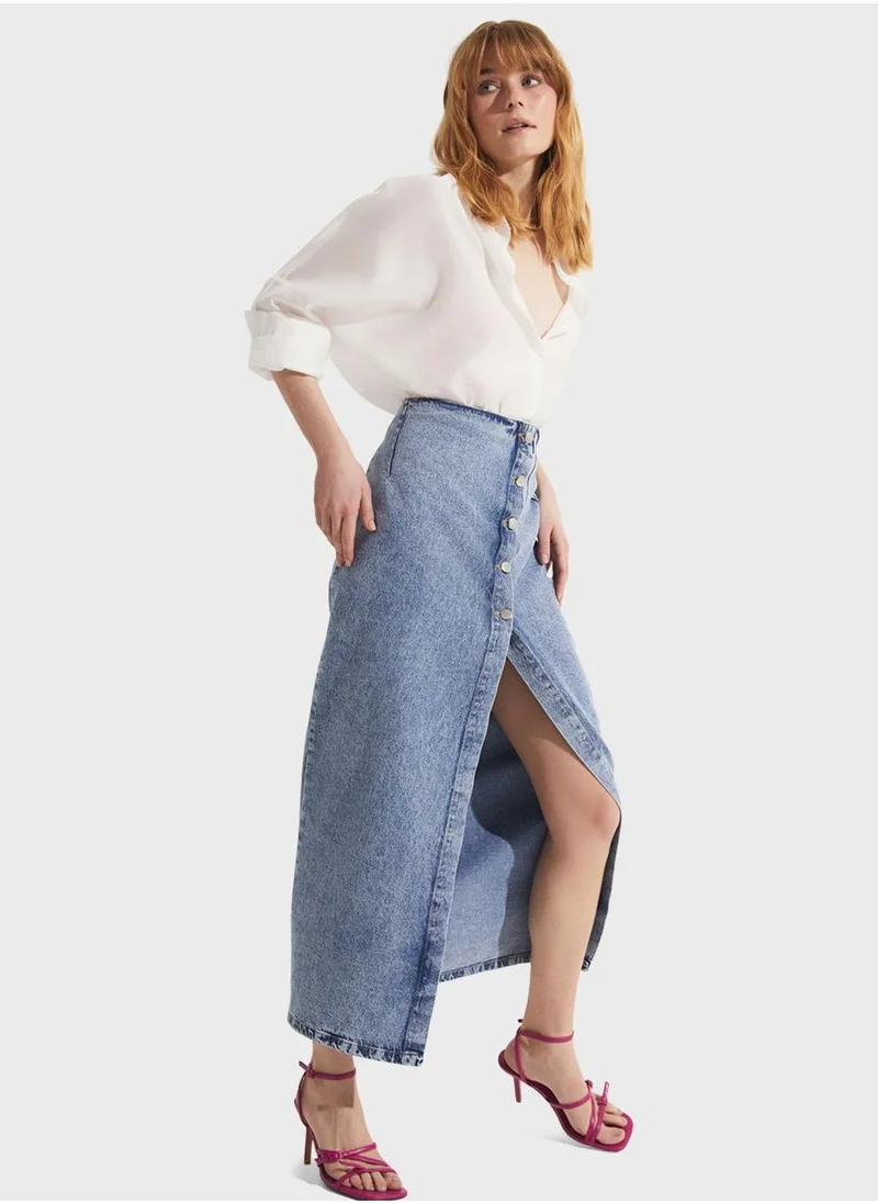 JUNE Button Detail Denim Skirt
