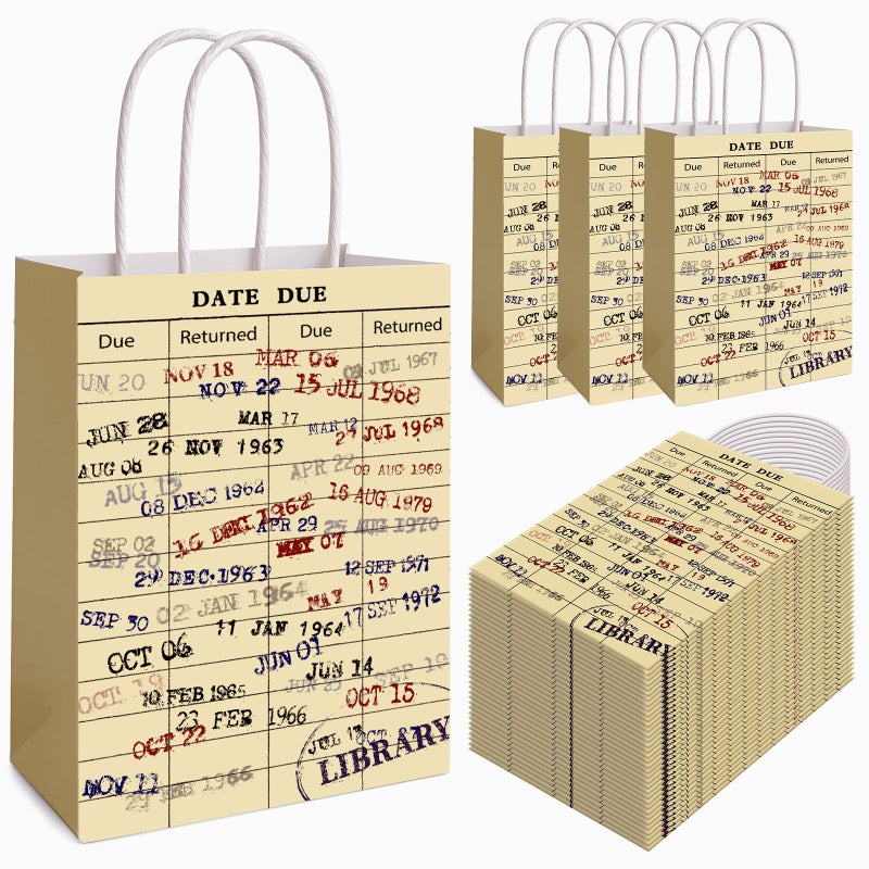 FOGWOWO 36 Pcs Library Card Bags Book Gift Bags Christmas Book Club Gifts,Vintage Library Due Date Card Bags Bulk Book Themed Wrapping Paper with Handles Library Gifts for Book Lover Librarian Wrapping Supplies - Image 1