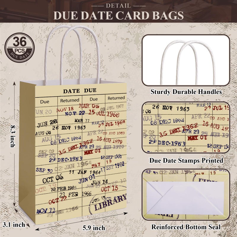 FOGWOWO 36 Pcs Library Card Bags Book Gift Bags Christmas Book Club Gifts,Vintage Library Due Date Card Bags Bulk Book Themed Wrapping Paper with Handles Library Gifts for Book Lover Librarian Wrapping Supplies - Image 2