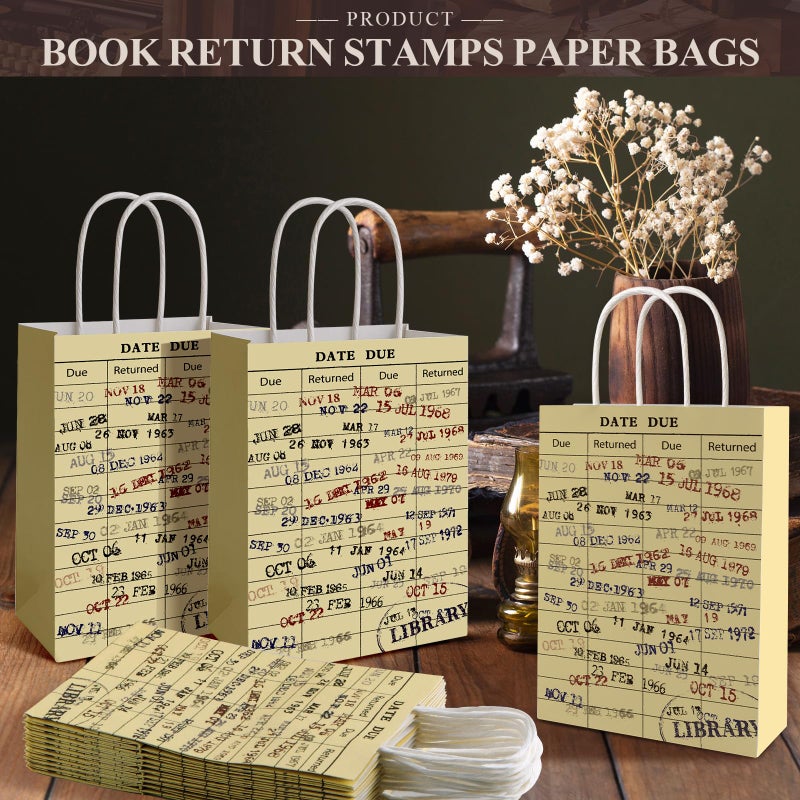 FOGWOWO 36 Pcs Library Card Bags Book Gift Bags Christmas Book Club Gifts,Vintage Library Due Date Card Bags Bulk Book Themed Wrapping Paper with Handles Library Gifts for Book Lover Librarian Wrapping Supplies - Image 3