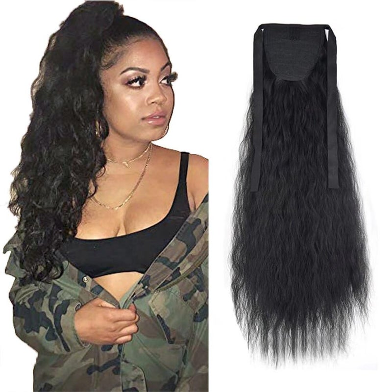 iLUU Fashion Ribbon Ponytail 1 Black Color Tie Up Hair Clip In Synthetic Ponytail Hair Extensions 22 90g Corn Wave Heat Resistent Synthetic Ponytail Hair Pieces for Women Girls Lady