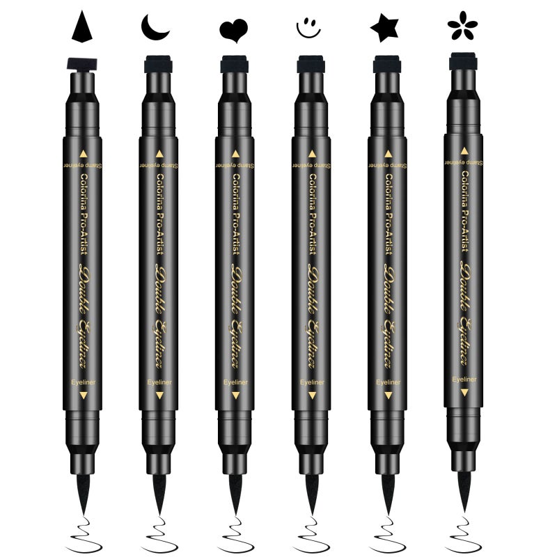 Ownest 6 Pcs Waterproof Smudgeproof Eyeliner Stamp Pen Set  Eyeliner Tattoo Tool with Smiley Triangle Heart Star Moon Flower
