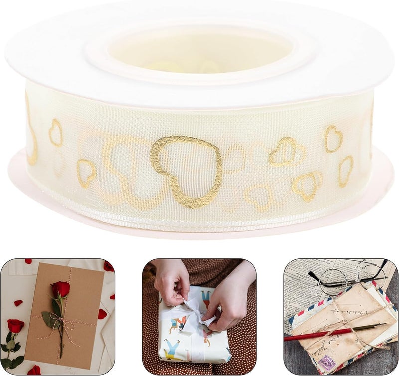 Ivory Chiffon Package Ribbon 2.5Cm X 9M with Gold Foil Heart Cutout, Multi-Function Wear-Resistant Satin Ribbon for Wrapping, Craft Decor, and Daily Use - Image 3