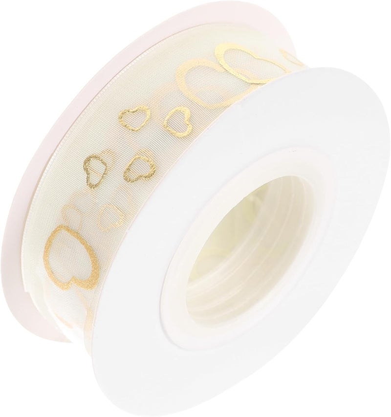 Ivory Chiffon Package Ribbon 2.5Cm X 9M with Gold Foil Heart Cutout, Multi-Function Wear-Resistant Satin Ribbon for Wrapping, Craft Decor, and Daily Use - Image 1