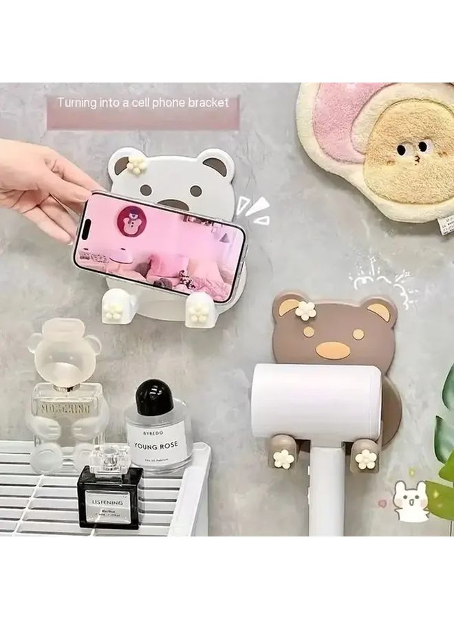 No Drilling Adhesive Hair Dryer Holder Cute Bear White Durable Wall Mount - Image 1