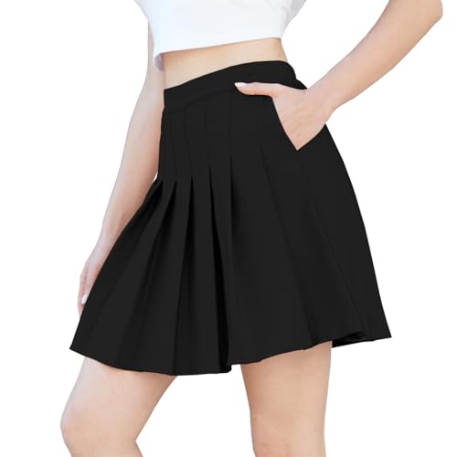SANGTREE Girls' Pleated Skirt Cheerleader Teen Kid School Uniform Casual High Elastic Waist Skorts Knee Length, Black, 13-14 Years= Tag 170 - Image 1