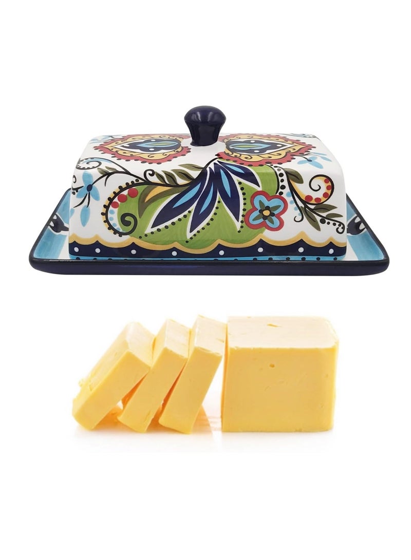 Barakah طبق زبدة سيراميك مرسوم يدويًا مع غطاء، صينية زبدة على الطراز الأوروبي، حاوية جبن عتيقة للزبدة، الجبن، الحلوى، الفاكهة، مثالية للمطبخ المنزلي - Image 1