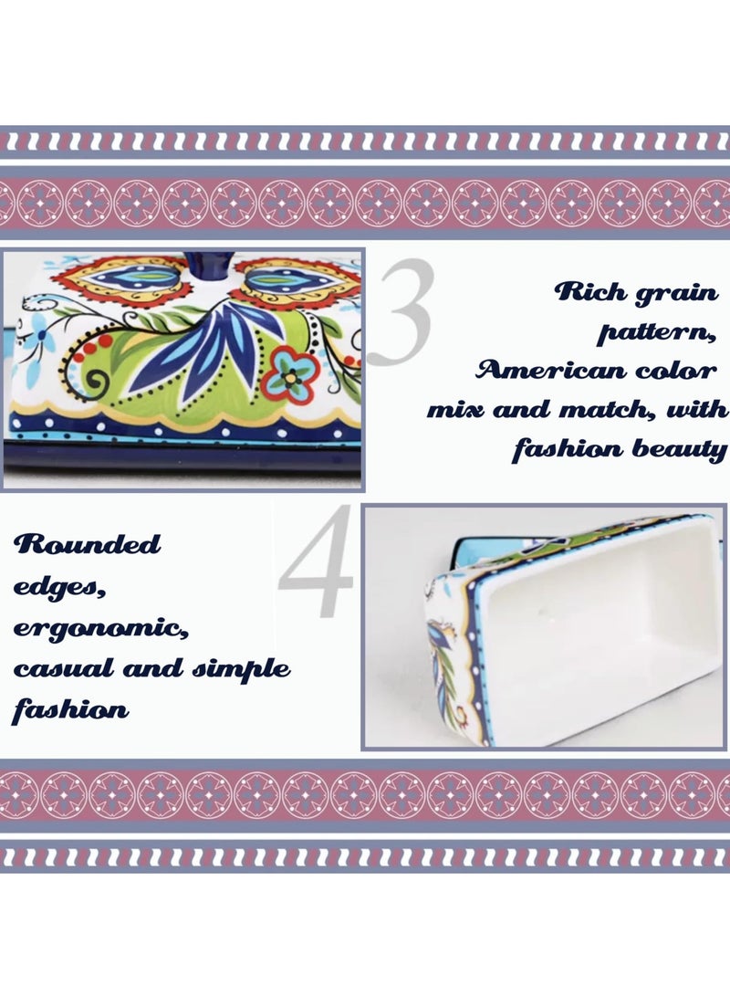 Barakah طبق زبدة سيراميك مرسوم يدويًا مع غطاء، صينية زبدة على الطراز الأوروبي، حاوية جبن عتيقة للزبدة، الجبن، الحلوى، الفاكهة، مثالية للمطبخ المنزلي - Image 4