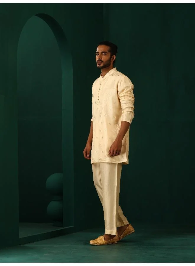 ترو برونز Men's Ivory Geometric Floral Viscose Silk Co-ord Set