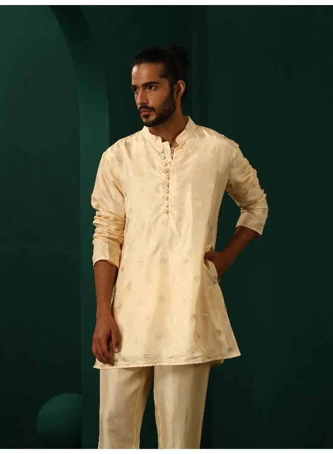 ترو برونز Men's Ivory Geometric Floral Viscose Silk Co-ord Set