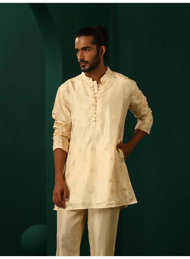 ترو برونز Men's Ivory Geometric Floral Viscose Silk Co-ord Set