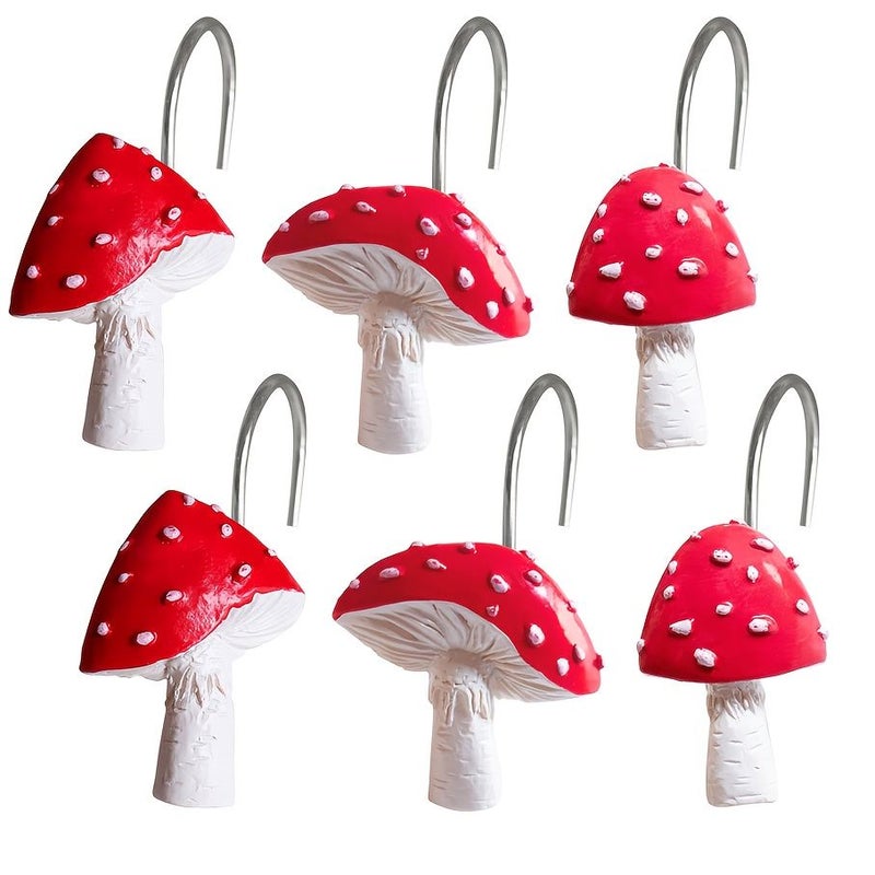 12 Pack Red Mushroom Bathroom Curtain Hooks Decorative Sliding Curtain Hangers For Shower Window Bedroom Living Room Durable Quiet - Image 1