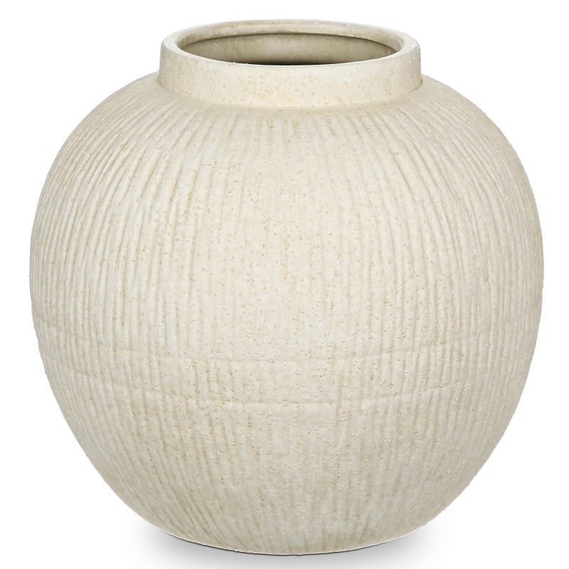 Arborus 9 Large Rustic Vase with Linear Sculpture and Rich Sand Texture Round Ceramic Vase with Wide Belly for Space Filling Decor Retro Style Beige White - Image 2