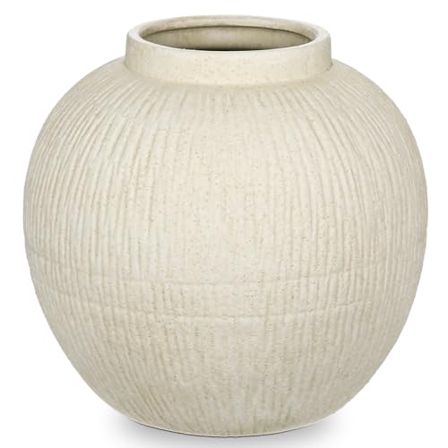 Arborus 9 Large Rustic Vase with Linear Sculpture and Rich Sand Texture Round Ceramic Vase with Wide Belly for Space Filling Decor Retro Style Beige White - Image 1