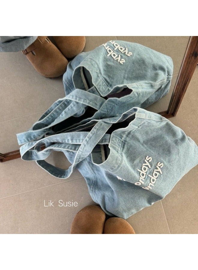 Vintage American Style Canvas Bag Ins Style Big Shoulder Tote Bag For Students Commuter Art Denim Shoulder Tote Bag For Class Women-Color:Denim Embroidery Light Blue - Image 5