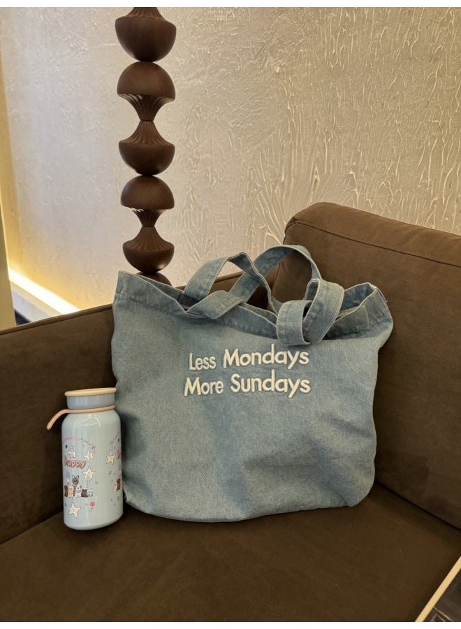 Vintage American Style Canvas Bag Ins Style Big Shoulder Tote Bag For Students Commuter Art Denim Shoulder Tote Bag For Class Women-Color:Denim Embroidery Light Blue - Image 1