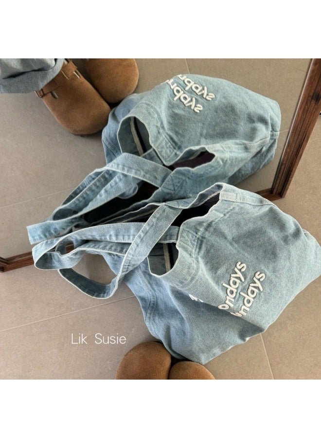 Vintage American Style Canvas Bag Ins Style Big Shoulder Tote Bag For Students Commuter Art Denim Shoulder Tote Bag For Class Women-Color:Denim Embroidery Light Blue - Image 3
