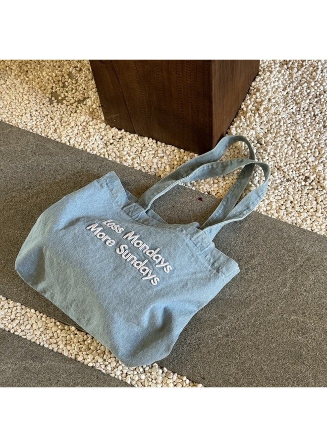 Vintage American Style Canvas Bag Ins Style Big Shoulder Tote Bag For Students Commuter Art Denim Shoulder Tote Bag For Class Women-Color:Denim Embroidery Light Blue - Image 4