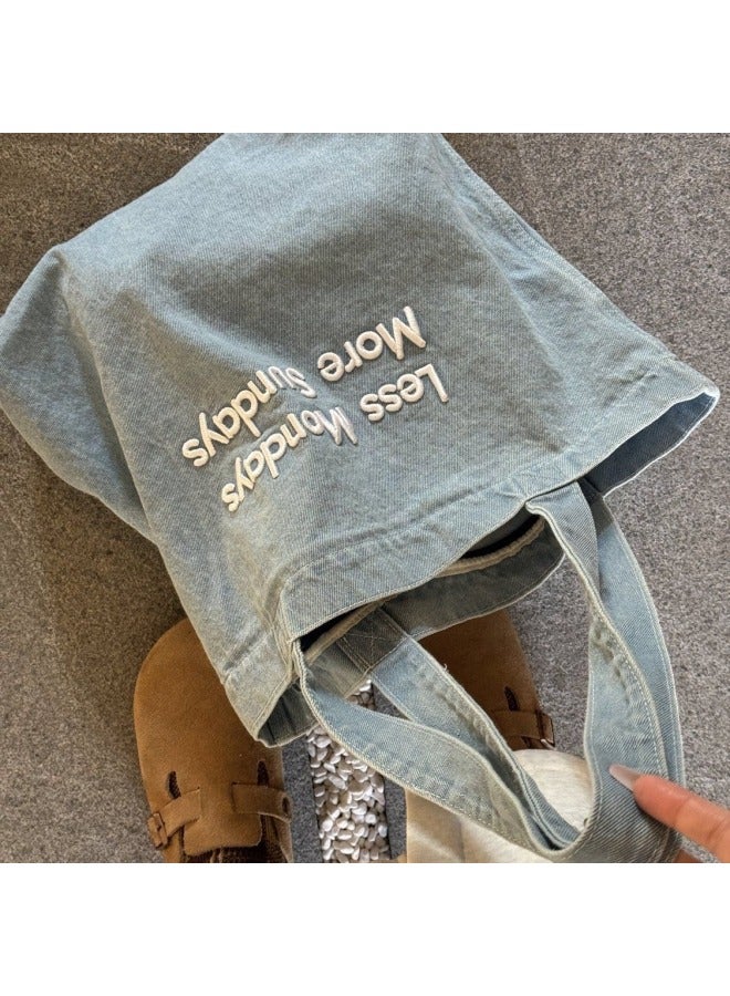 Vintage American Style Canvas Bag Ins Style Big Shoulder Tote Bag For Students Commuter Art Denim Shoulder Tote Bag For Class Women-Color:Denim Embroidery Light Blue - Image 2