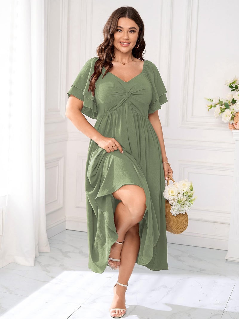 SCOMCHIC Women's Plus Size Wedding Guest Cocktail Dresses Sweetheart Neckline Ruffle Sleeve A Line Maxi Dress Sage Green - Image 5
