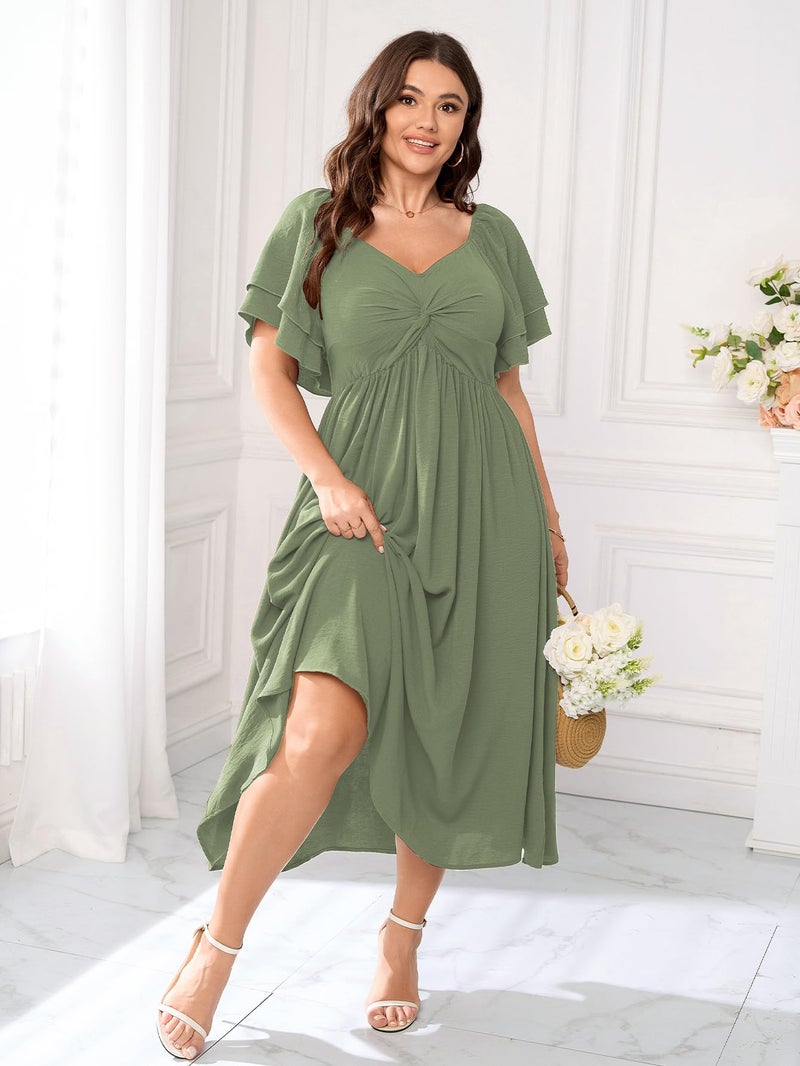 SCOMCHIC Women's Plus Size Wedding Guest Cocktail Dresses Sweetheart Neckline Ruffle Sleeve A Line Maxi Dress Sage Green - Image 3