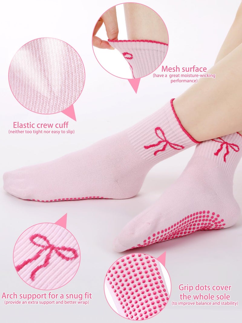 Bunnycool 3 Pairs Cute Pilates Sock with Grips for Women Cotton Non Slip Yoga Grip Crew Sock Valentine Workout Ballet Gift(Pink,Bow) - Image 3