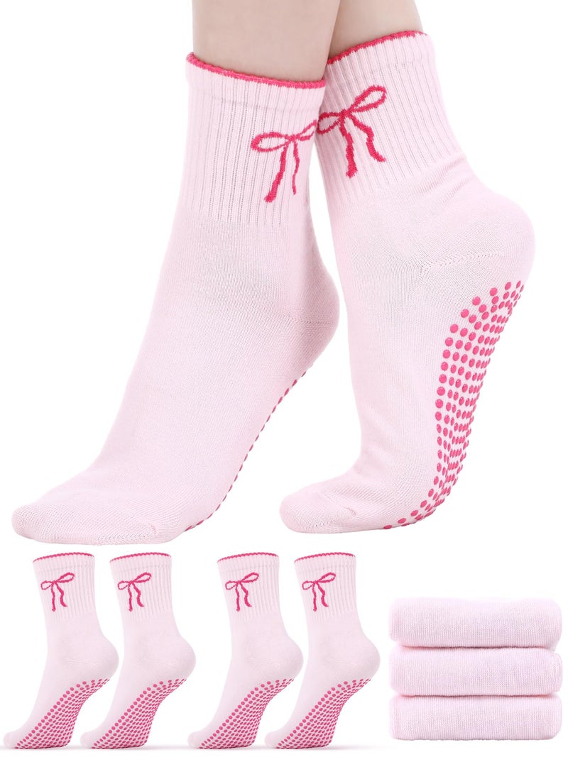 Bunnycool 3 Pairs Cute Pilates Sock with Grips for Women Cotton Non Slip Yoga Grip Crew Sock Valentine Workout Ballet Gift(Pink,Bow) - Image 1