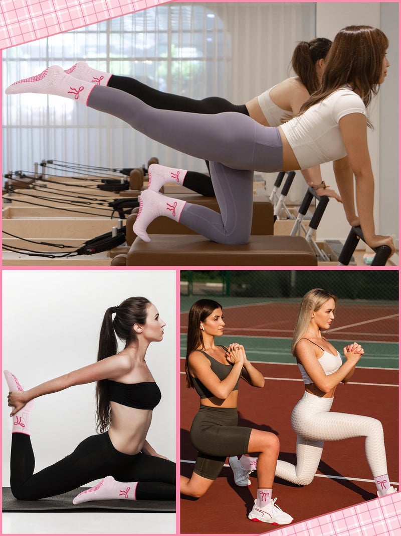 Bunnycool 3 Pairs Cute Pilates Sock with Grips for Women Cotton Non Slip Yoga Grip Crew Sock Valentine Workout Ballet Gift(Pink,Bow) - Image 5