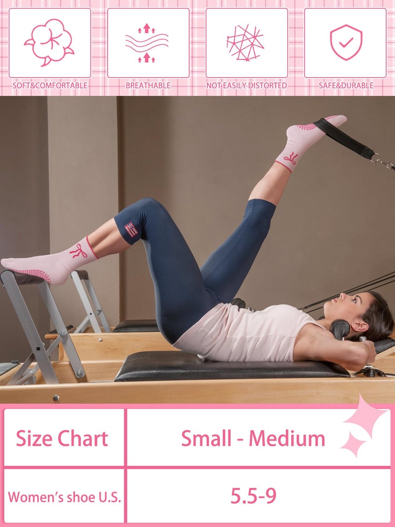Bunnycool 3 Pairs Cute Pilates Sock with Grips for Women Cotton Non Slip Yoga Grip Crew Sock Valentine Workout Ballet Gift(Pink,Bow) - Image 4