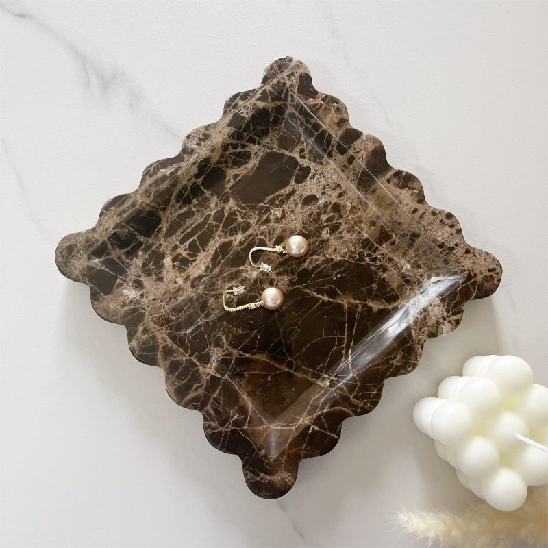 SAIDKOCC Vintage Natural Marble Tray Small Ornaments Scalloped Tray Handmade Storage Dish for Counter, Vanity, Dresser, Nightstand and Desk (Coffee Net) - Image 5