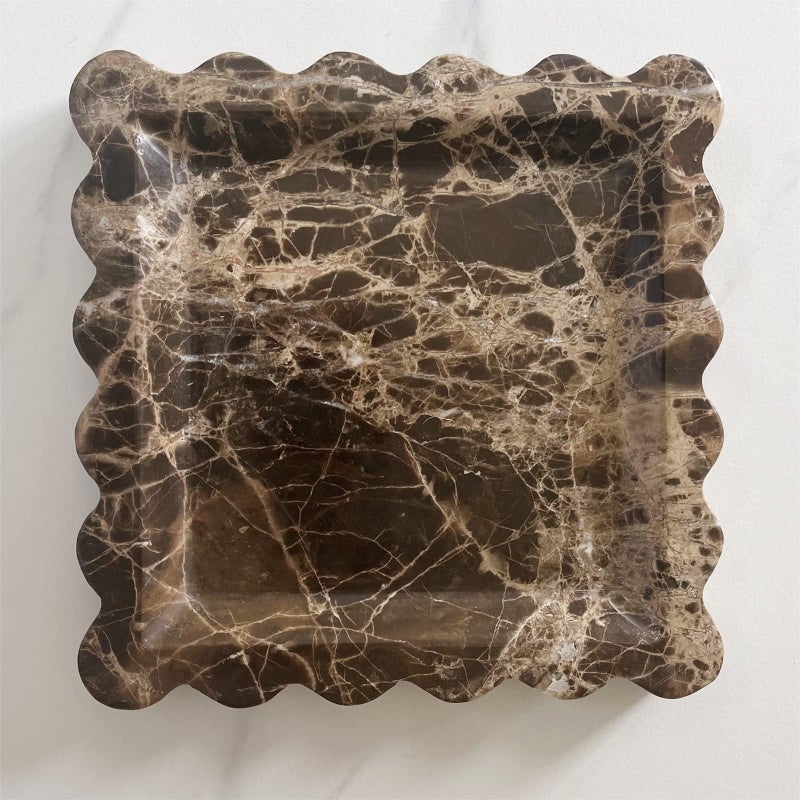 SAIDKOCC Vintage Natural Marble Tray Small Ornaments Scalloped Tray Handmade Storage Dish for Counter, Vanity, Dresser, Nightstand and Desk (Coffee Net) - Image 2