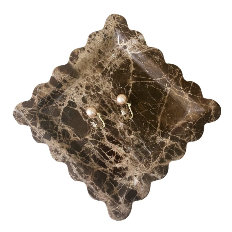 SAIDKOCC Vintage Natural Marble Tray Small Ornaments Scalloped Tray Handmade Storage Dish for Counter, Vanity, Dresser, Nightstand and Desk (Coffee Net) - Image 1