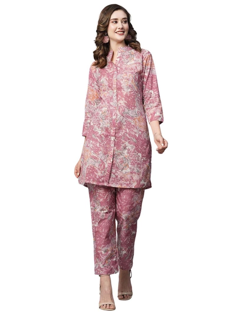 rytras Women's Cotton Printed Straight Kurta and Pant Set(Light Pink,S) - Image 1