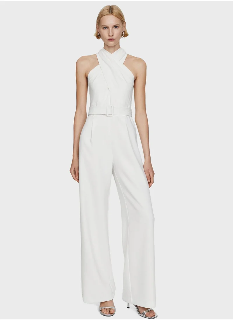 MANGO Belted Crossover Collar Jumpsuit