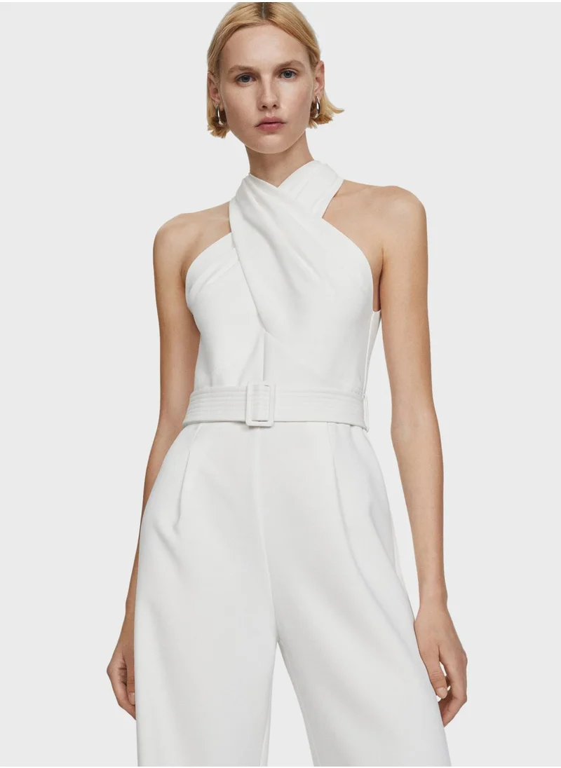 MANGO Belted Crossover Collar Jumpsuit