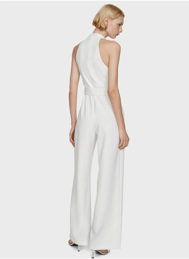MANGO Belted Crossover Collar Jumpsuit