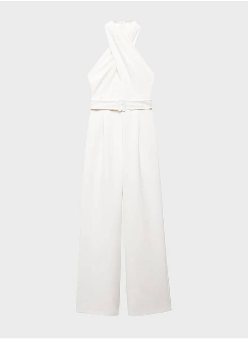 MANGO Belted Crossover Collar Jumpsuit