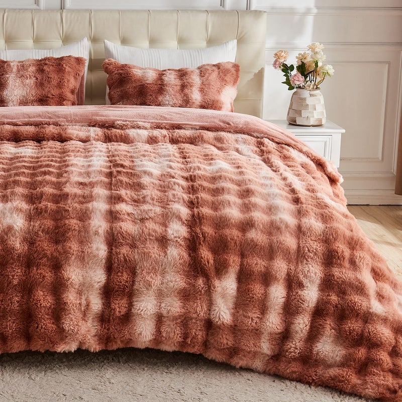Lotus Karen Lotus Karen Fluffy Comforter Cover Set-Rabbit Fluff Faux Fur Duvet Cover Full Size Tie-Dye Old Pink Plush Fuzzy Furry Bedding Sets 3Pieces(1 Duvet Cover & 2 Pillow Shams)  - Image 1