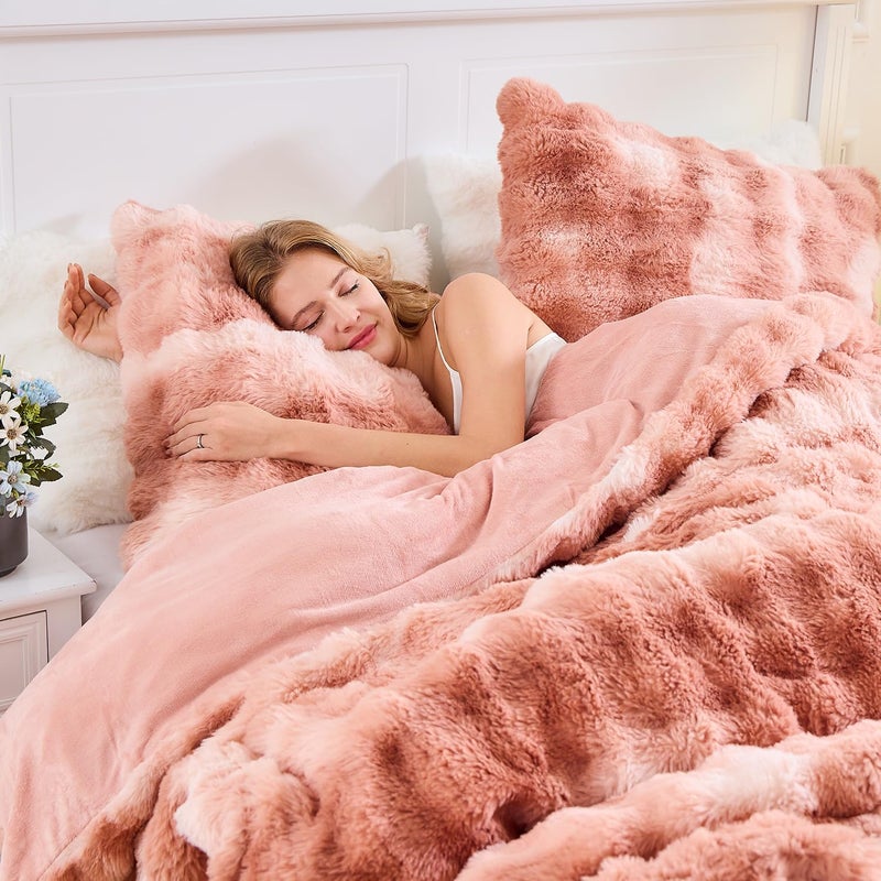 Lotus Karen Lotus Karen Fluffy Comforter Cover Set-Rabbit Fluff Faux Fur Duvet Cover Full Size Tie-Dye Old Pink Plush Fuzzy Furry Bedding Sets 3Pieces(1 Duvet Cover & 2 Pillow Shams)  - Image 2