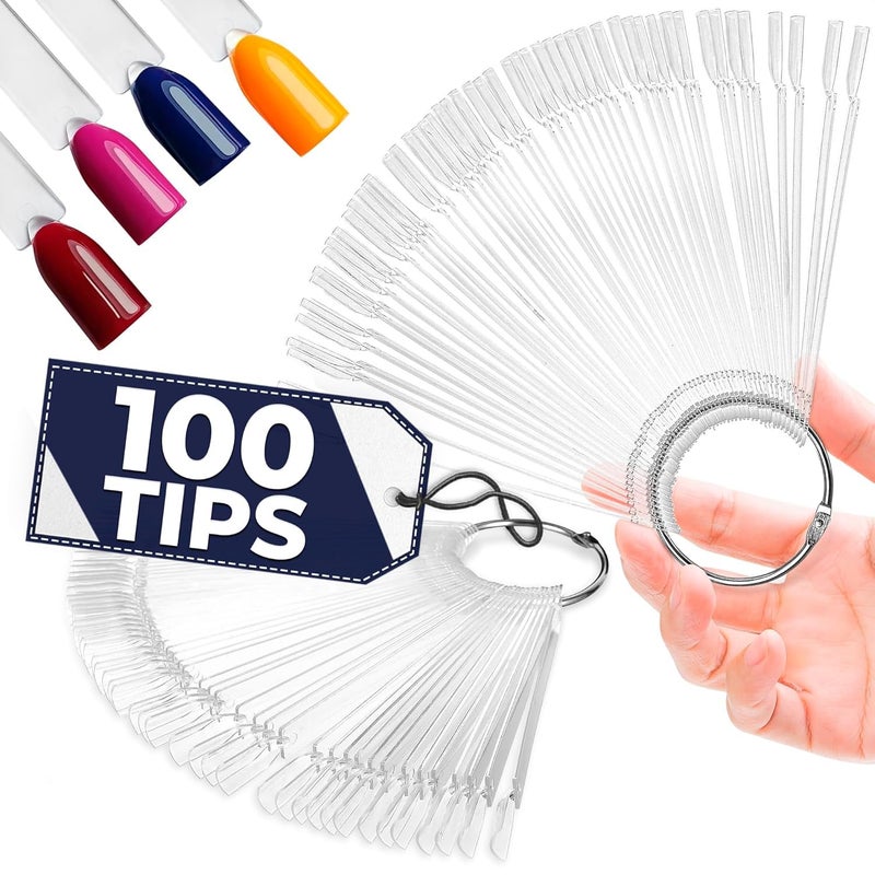 NOVSIX 100 Pcs Clear Nail Swatch Sticks - Smooth, Transparent Acrylic Color Swatches for Gel Polish with Metal Rings for Practicing Art and True Color Display - Easy to Organize and Paint On, Nail Forms - Image 1