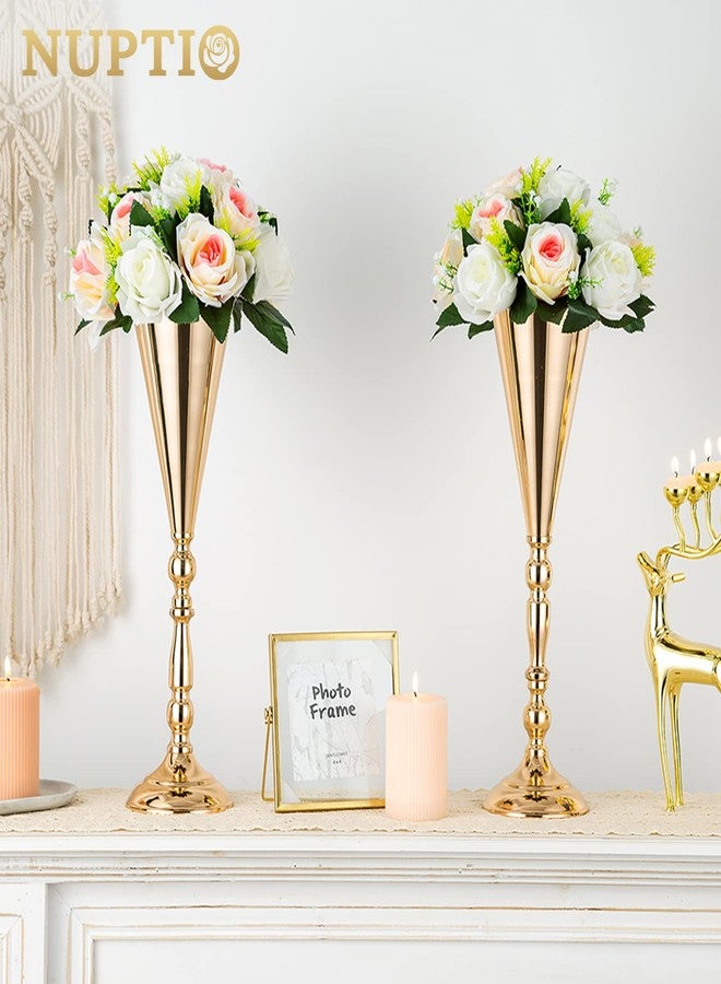 NUPTIO 2 Pcs Tabletop Metal Wedding Flower Trumpet Vase, 16.5 inch Tall Table Decorative Centerpiece, Artificial Flower Arrangements for Anniversary Ceremony Party Birthday Event Aisle Home Decoration (Gold) - Image 3