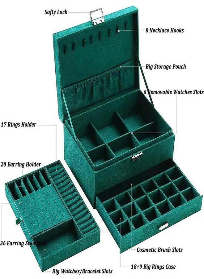 Drumil Luxury 3-Layer Velvet Jewellery Box with Drawer & Lock – Large Green Organizer Case for Rings, Earrings, Necklaces – Elegant Gift Box for Women, Wedding, Birthday, Travel Storage - Image 3